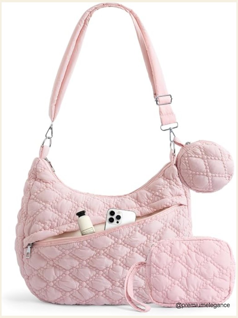 Quilted Puffer Tote Bag Set With Adjustable Crossbody Strap Nylon Hobo Purse